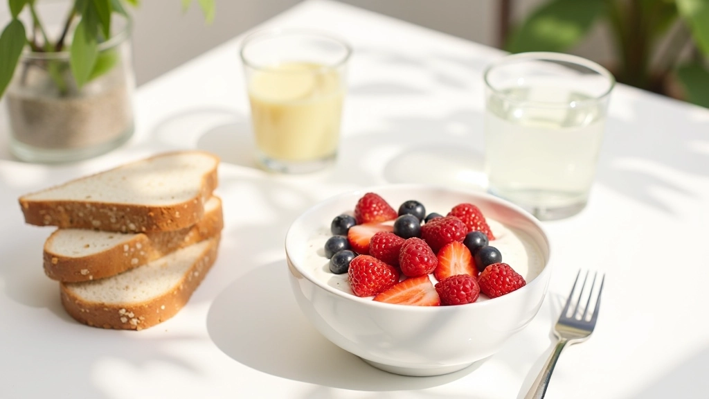 Eettafel met gezond ontbijt: vers fruit, yoghurt, noten, en glas water op witte tafel