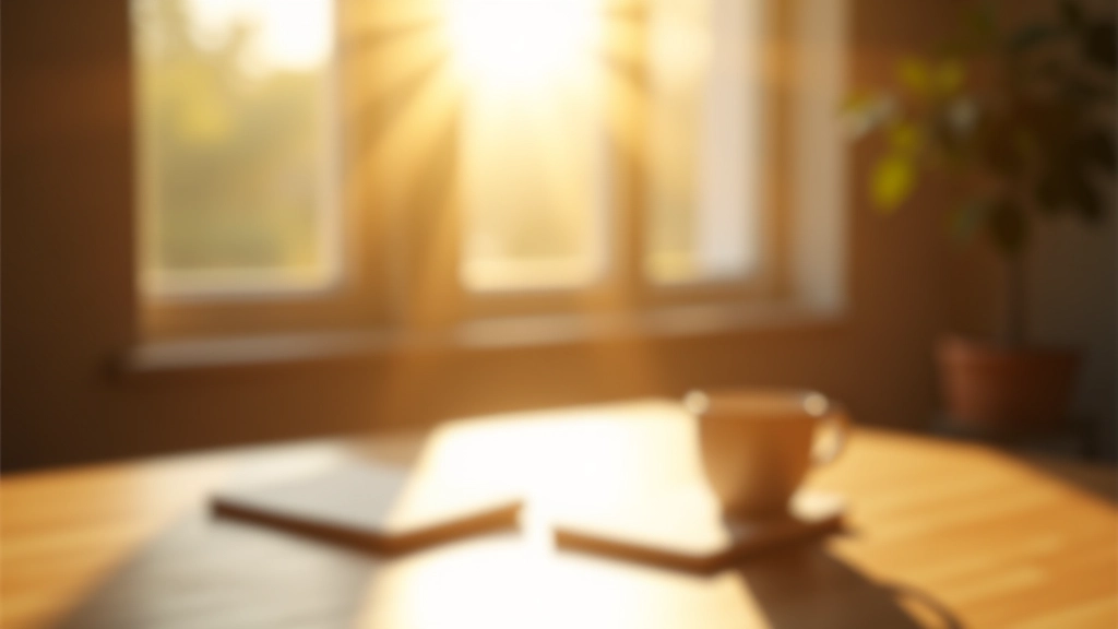 Ochtendlicht in een minimalistisch kantoor met een kopje koffie en notitieboek op schoon bureau