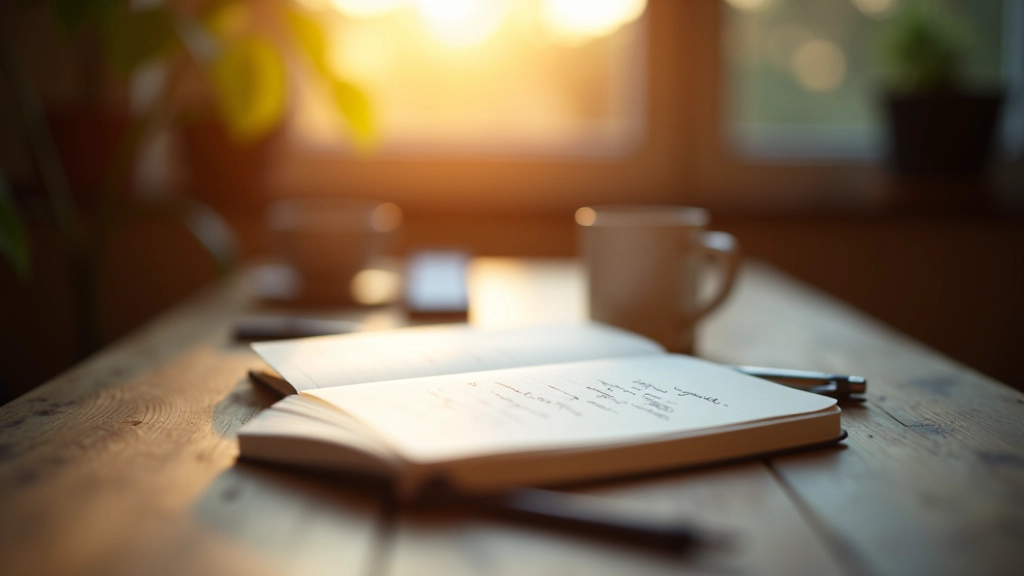 Geopend notitieboek met handgeschreven aantekeningen naast kopje koffie op houten bureau
